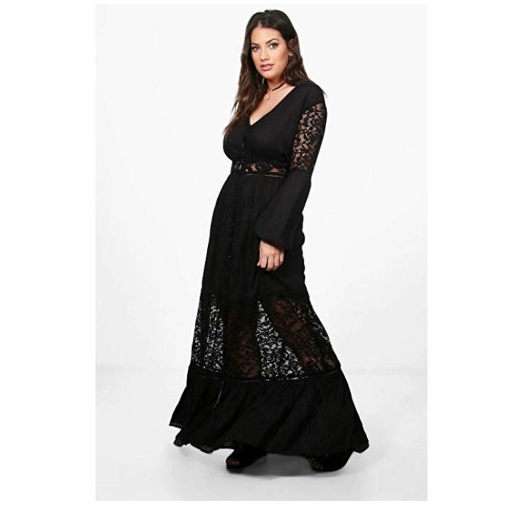 Boohoo Ebony Boho Lace Insert  Mesh Maxi Dress